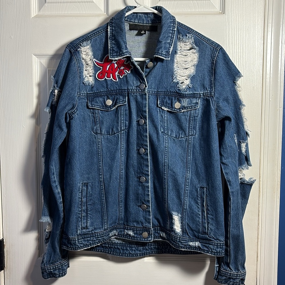 Tinsel Distressed Denim Jacket with Red LA Squad Patch Small
